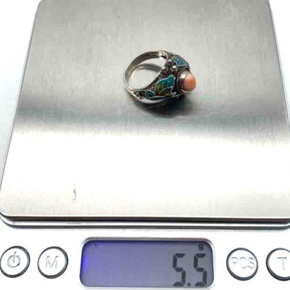 Sterling 925 Silver Angel Skin Coral and Enamel Butterfly 🦋 Ornate Ring 5.5g - Picture 7 of 7
